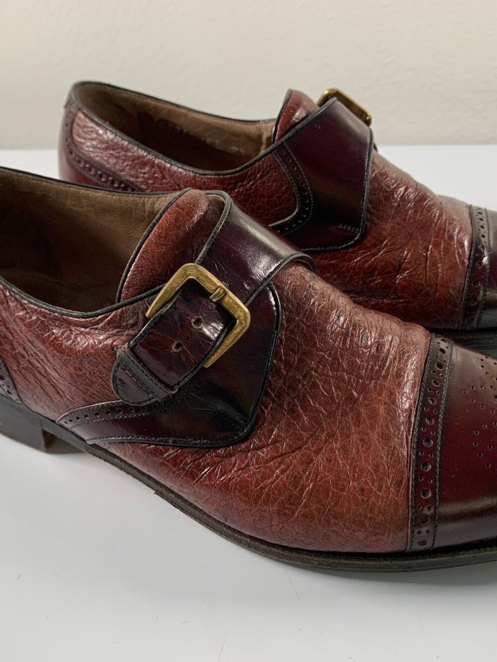 Moreschi Italy Men size 9.5 Burgundy Monk Strap Ostrich Leather Dress Shoes
